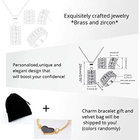 Crystal Necklace Earring Ring Set CZ Cubic Zircon Rhinestone Necklace Earrings - Picture 5 of 8